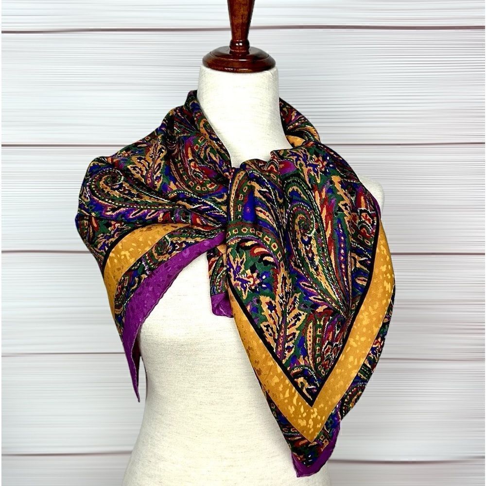 GIVENCHY for The Leadings Hotels of World Silk Scarf Purple Gold Hand Rolled - Picture 6 of 10